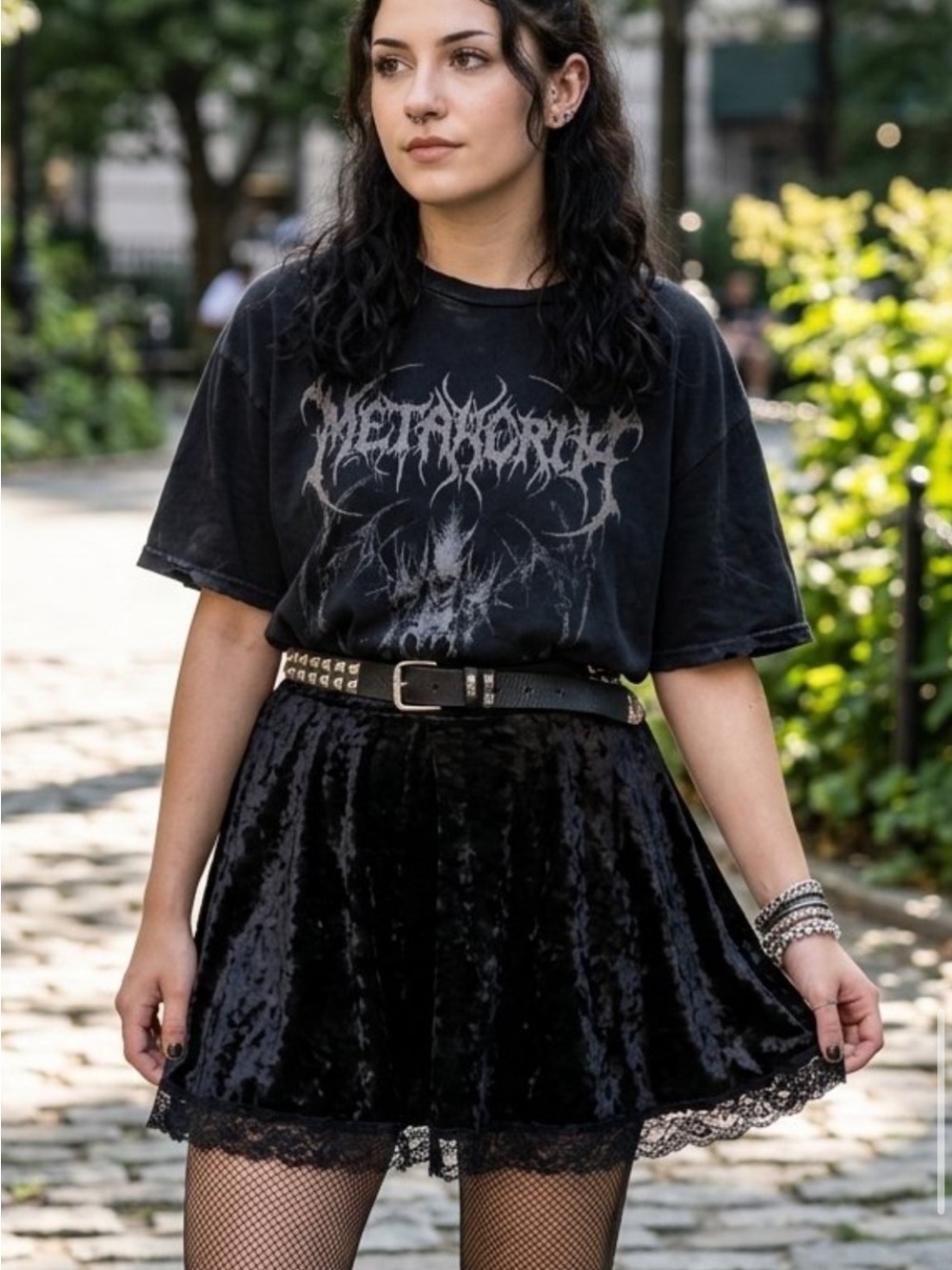 Killstar Black Velvet Lace-Trim Skater Skirt